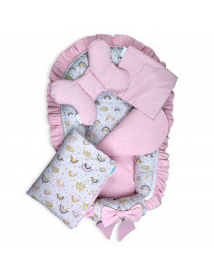 Set 5 piese Baby Nest Premium din Bumbac, curcubeu cu roz deschis