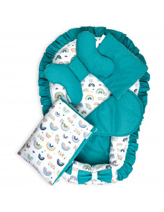 Set 5 piese Baby Nest Premium din Bumbac, curcubeu cu turcoaz