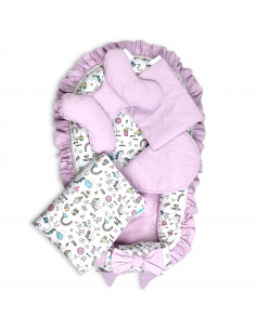 Set 5 piese Baby Nest Premium din Bumbac, unicorn cu roz deschis