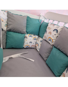 Aparatori de patut tip Patchwork gri cu turcoaz si curcubeu 2