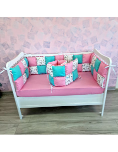 Aparatori de patut tip Patchwork roz cu turcoaz si...
