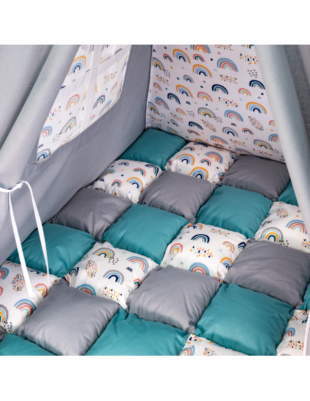 Cortulet de joaca Teepee, gri cu turcoaz si curcubeu