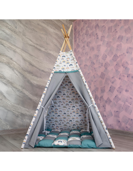 Cortulet de joaca Teepee, gri cu turcoaz si curcubeu