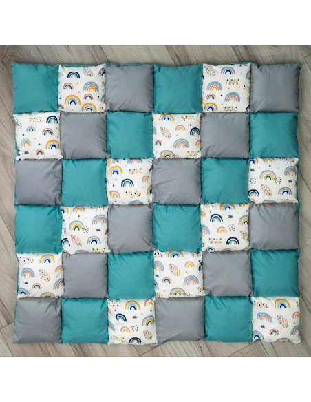 Cortulet de joaca Teepee, gri cu turcoaz si curcubeu