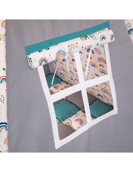 Cortulet de joaca Teepee, gri cu turcoaz si curcubeu