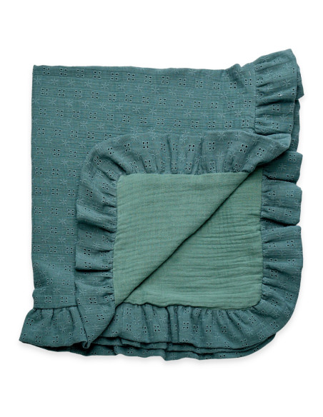 Paturica din muselina dublata cu broderie, 80 x 80cm, verde inchis